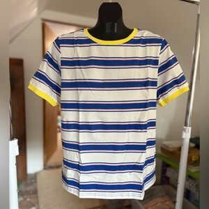 NWT Women’s Medium Blue Pink Striped Tee Yellow Trim Casual Everyday Basic